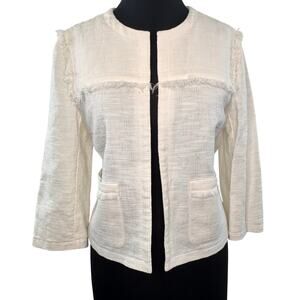 Les Copains "BLUE" Off White Blazer Linen Cotton Fringe Trim Open Front Size 46